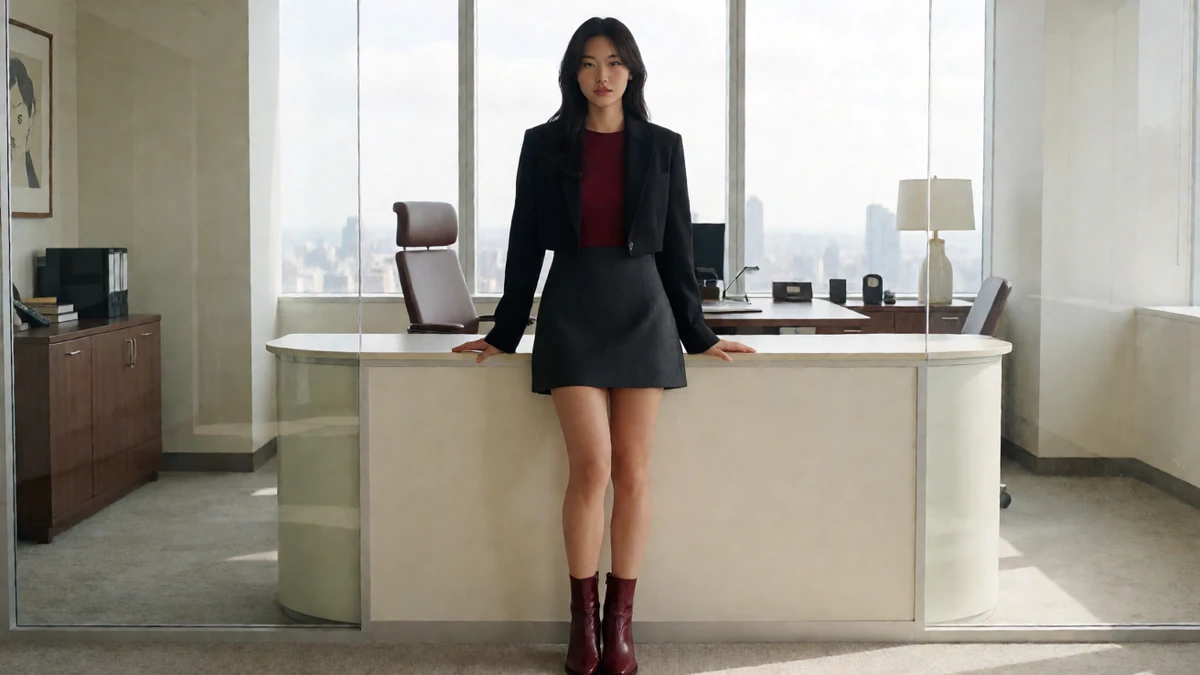 穿黑色西装与深色短裙的成年女性站在有城市窗景的办公桌前