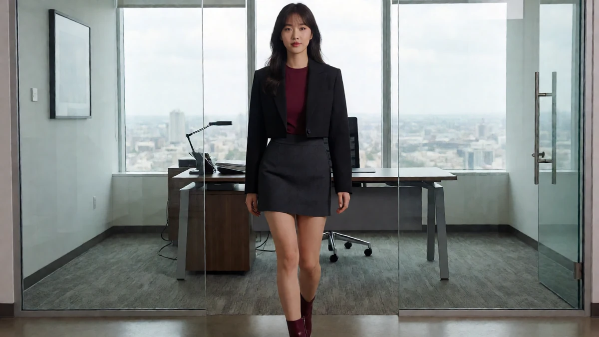 穿黑色西装与短裙的成年女性走过办公室玻璃门