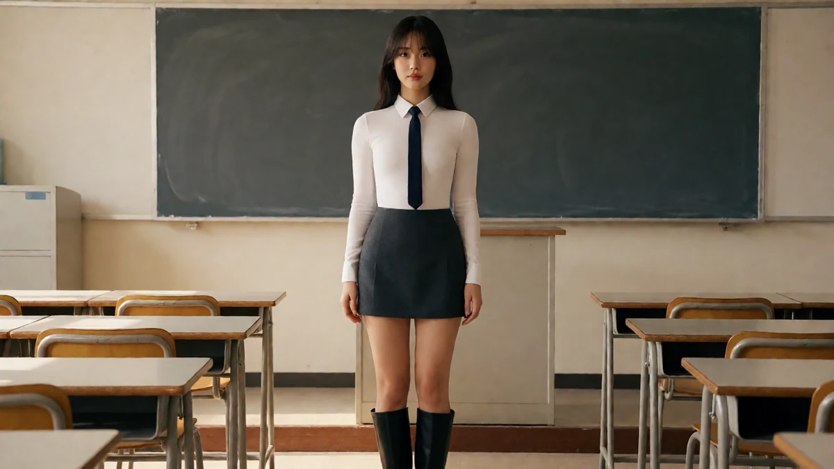 穿白衬衫、黑领带与深色短裙的成年女性站在黑板和课桌之间