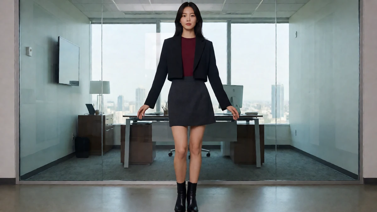 穿黑色西装与酒红内搭的成年女性双手靠在办公室桌边