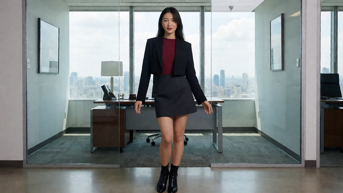 穿黑色西装与短裙的成年女性站在明亮办公室窗前