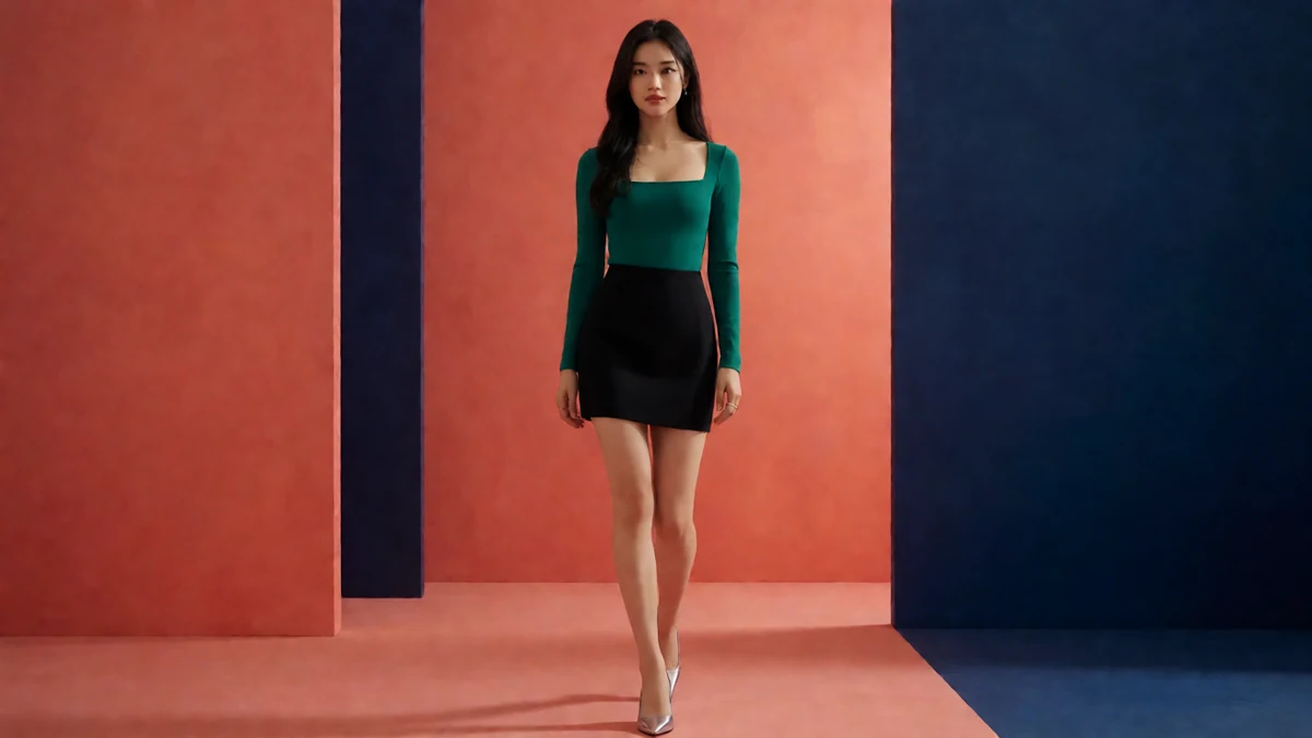 穿绿色上衣与黑色短裙的成年女性站在红蓝拼色背景前